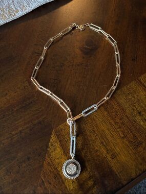 Elegant Two-Tone Link Necklace with Pave Pendant - Gold & Silver